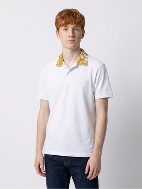 Versace Jeans Collection White Polo with Gold Baroque Collar Accent